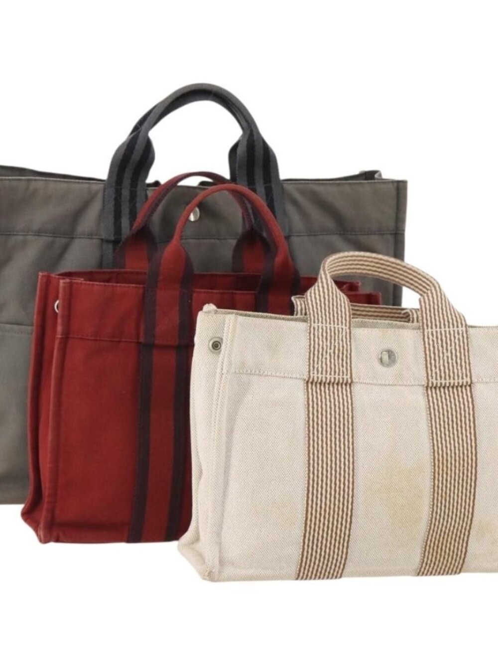 HERMES Fourre Tout Hand Bag Cotton 3 Set White Gray Red Auth BA12676